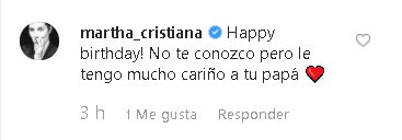 Entre los mensajes que Camila Araiza recibió en su publicación resaltó el de la actriz Martha Cristiana, quien le escribió: "¡Feliz cumpleaños! No te conozco, pero
<b>le tengo mucho cariño a tu papá"</b>.