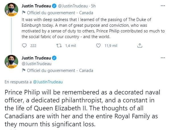 El Primer Ministro de Canadá, Justin Trudeau, se sumó a los mensajes de reconocimiento: "Con profunda tristeza me enteré del fallecimiento del duque de Edimburgo hoy. Un hombre de gran propósito y convicción, que fue motivado por un sentido del deber hacia los demás, el príncipe Philip contribuyó mucho al tejido social de nuestro país y del mundo. Será recordado como un oficial naval condecorado, un filántropo dedicado y una constante en la vida de la reina Isabel II. Los pensamientos de todos los canadienses están con ella y toda la familia real mientras lamentan esta pérdida significativa".