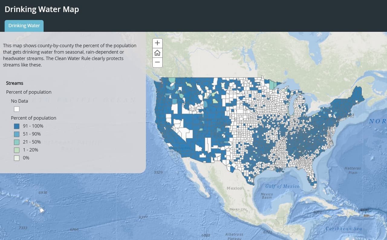 Este es un mapa de lo sitios cuya población se abastece de agua estacional, por lluvia y aquella que nace en los estuarios. La Norma de Agua Limpia vela por la salud de estas áreas.