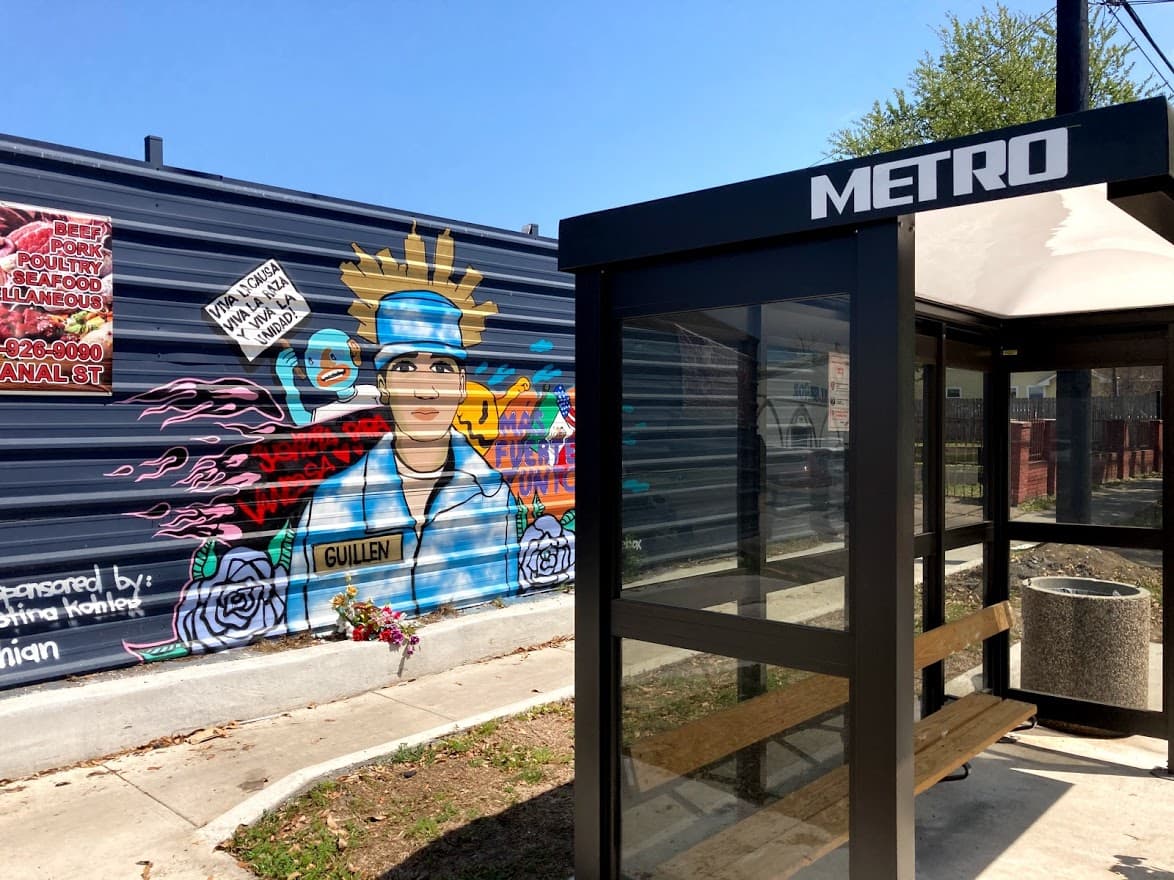 This mural at a bus stop painted by artist Icebox is one of several honoring Vanessa Guillen on Houston's Canal Street.