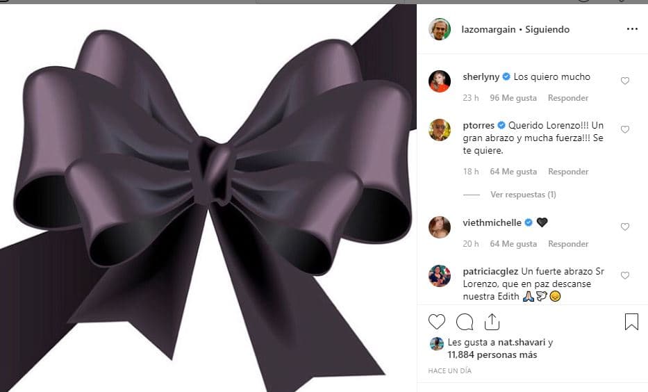 Tras el fallecimiento de la actriz, Lorenzo Lazo publicó en su cuenta de Instagram, un moño negro en señal de luto sin hacer ningún comentario al respecto de la pérdida de su esposa.