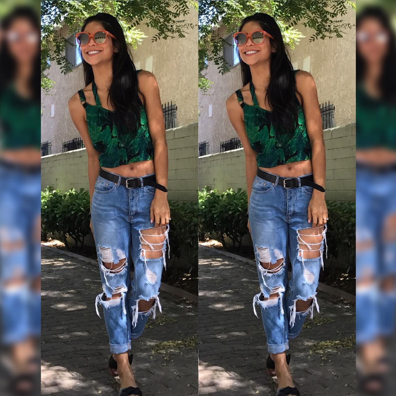 Este outfit lo acompañó con una blusa corta y dejó al descubierto su ombligo.