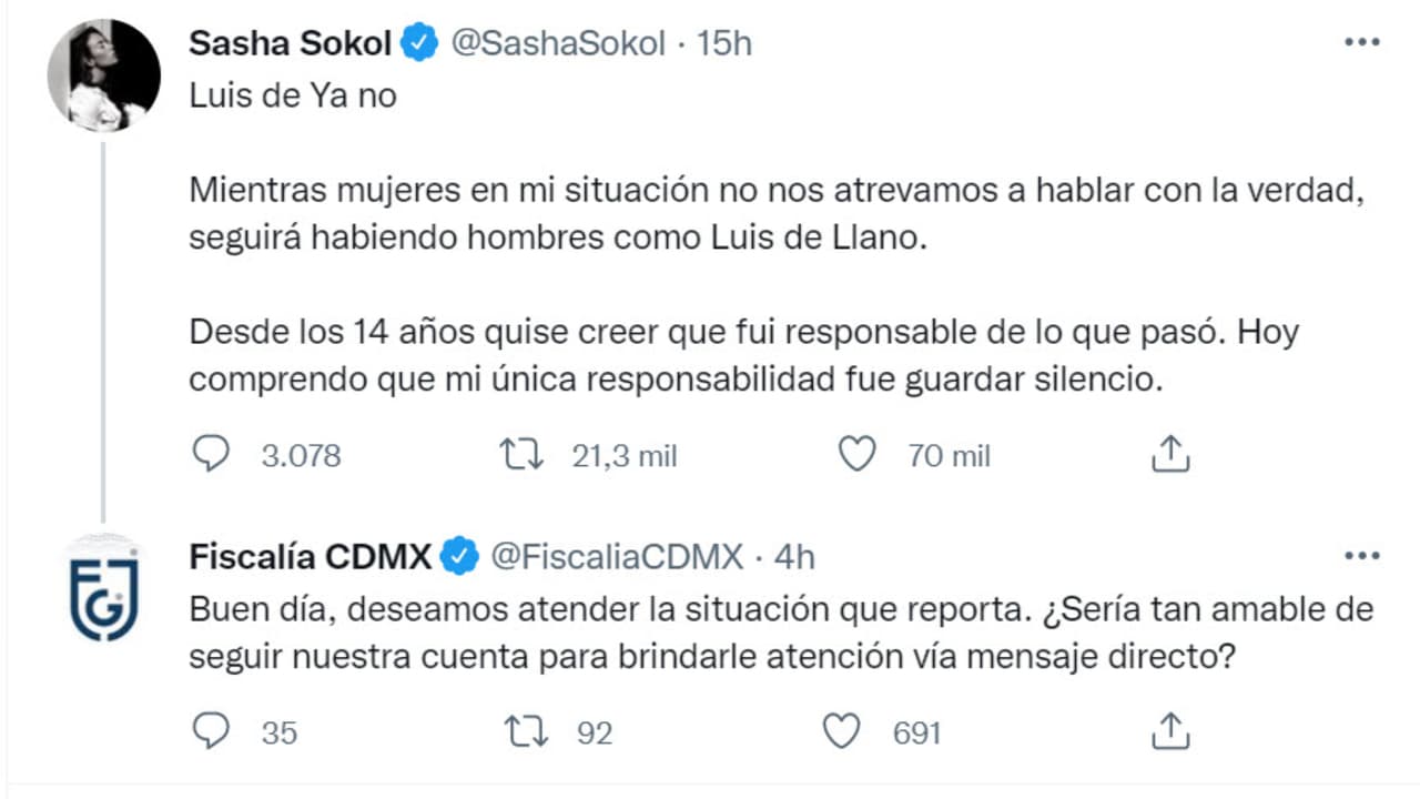 De Llano ha guardado silencio a partir de la acusación de la artista, sin embargo, la Fiscalía de Justicia de la Ciudad de México contactó a Sasha y le ofreció "atender" su caso. En el Código Penal de esa ciudad, la pederastia es tipificada como delito y no prescribe, de acuerdo con una reforma aplicada en mayo de 2021.