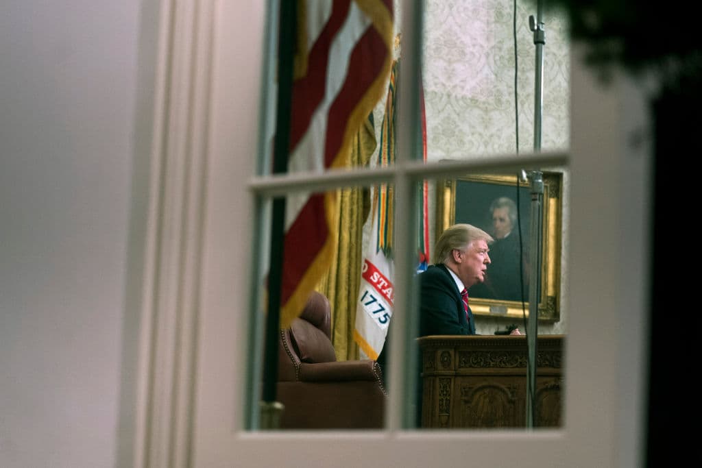 WASHINGTON, DC - JANUARY 08: U.S. President Donald Trump speaks to the nation in his first-prime address from the Oval Office of the White House on January 8, 2019 in Washington, DC. A partial shutdown of the federal government extended to 17 days following the president's demand for $5.7 billion for a border wall while Democrats have refused. (Photo by Kevin Dietsch-Pool/Getty Images)