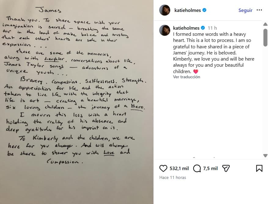 Katie Holmes compartió una sentida carta tras la muerte de James Van Der Beek.