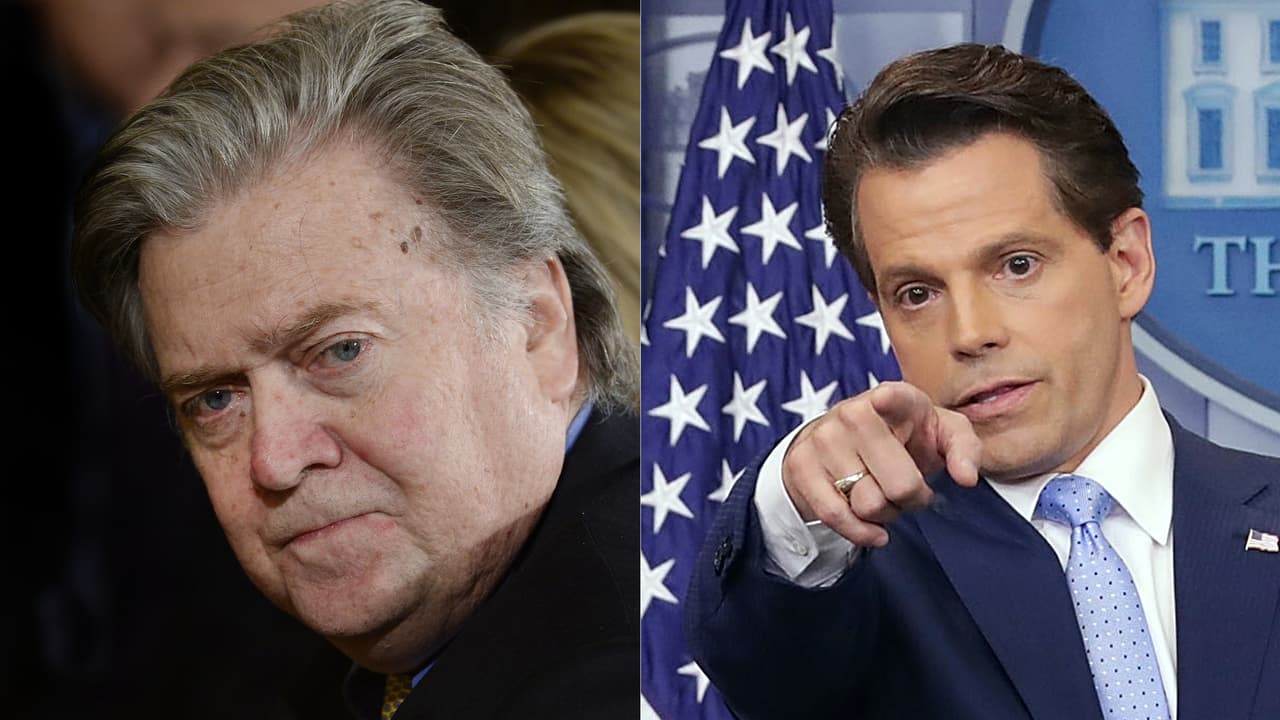 <b>Insultos a Steve Bannon. </b>El jefe estratega de Trump, cuestionado por, entre otras cosas, haber sido el editor de 
<b>Breitbart</b>, un sitio de noticias de derecha con frecuentes titulares de tono racista. Aún así, es parte del círculo íntimo del presidente. Scaramucci dijo sobre él en una entrevista con The New Yorker: "
<b><a href="http://www.univision.com/noticias/politica/las-cinco-citas-mas-explosivas-de-la-entrevista-de-scaramucci-en-la-que-echa-gasolina-al-fuego-de-la-casa-blanca" target="_blank">No soy Steve Bannon, no estoy tratando de chupar mi propia pinga</a></b>. No estoy tratando de construir mi propia marca a costa de la jodida fuerza del presidente. Estoy aquí para prestar servicio a mi país".
<br>