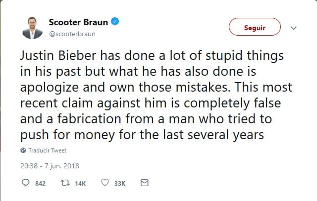 "Justin Bieber ha hecho muchas cosas estúpidas en su pasado, pero lo que también ha hecho es disculparse y reconocer sus errores. Este reclamo más reciente contra él es completamente falso y una invención de un hombre que intentó presionar por dinero durante los últimos años", escribió Scoot en Twitter.