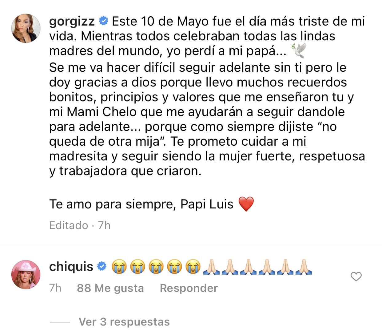 La cantante le dejó este mensaje con los emoticonos de la carita llorando y las manos en posición de rezo.