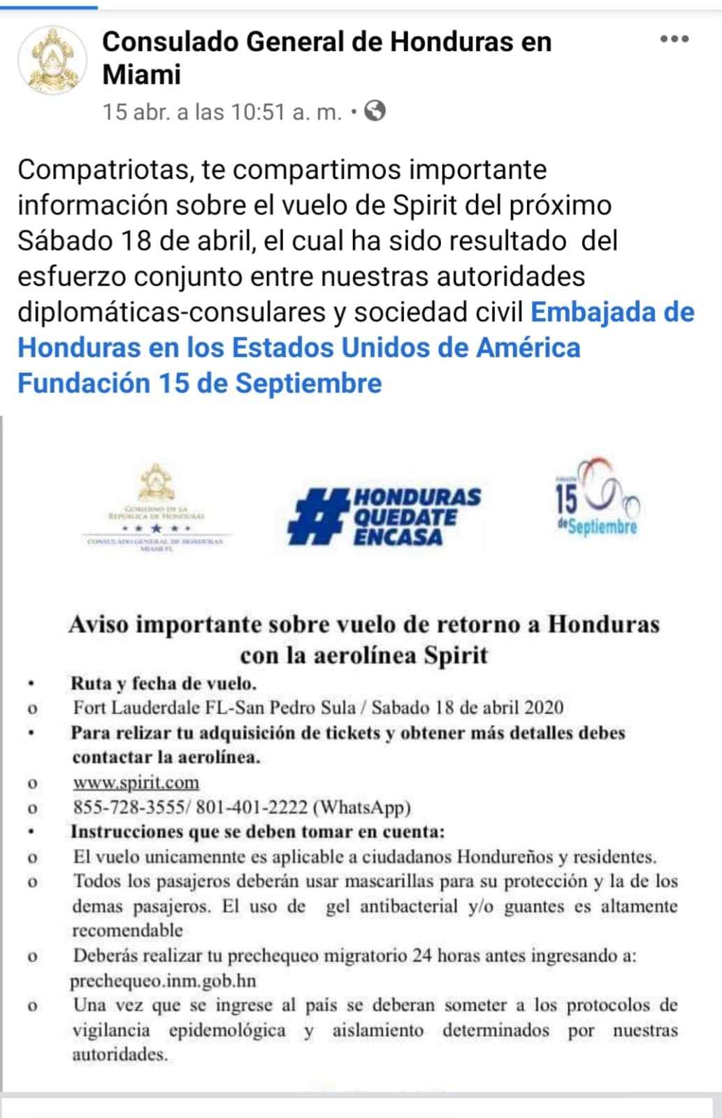 El consulado hondureño y la Fundación 15 de Septiembre organizaron un vuelo humanitario el sábado 18 de abril para repatriar a hondureños en los Estados Unidos que desean regresar a sus hogares.