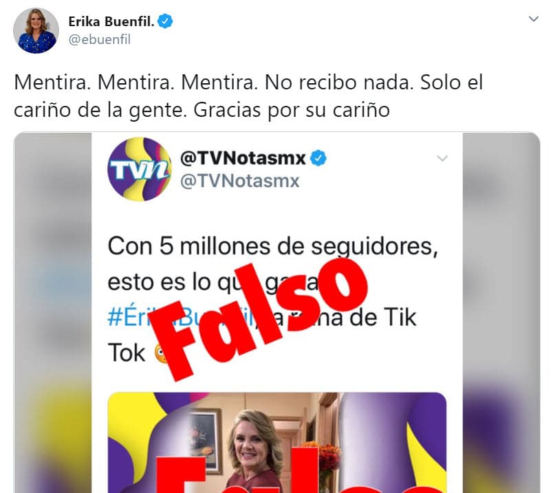 "Mentira. Mentira. Mentira. 
<b>No recibo nada</b>. Solo el cariño de la gente. Gracias por su cariño", aclaró. 
<br>