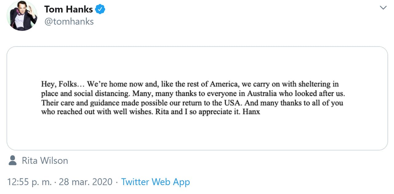 El 28 de marzo 
<b><a href="https://www.univision.com/radio/la-gozadera-show-new-york/tom-hanks-es-dado-de-alta-del-hospital-tras-recibir-tratamiento-por-coronavirus-video">Tom Hanks y su esposa Rita Wilson </a></b>anunciaron en Twitter que ya estaban en su casa de Los Ángeles, luego de que ambos fueron 
<b>dados de alta </b>por los médicos australianos tras su recuperación del covid-19. 
<br>