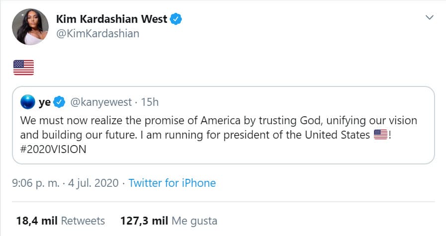 La noche del sábado 4 de julio
<b><a href="https://twitter.com/KimKardashian/status/1279597399380332544" target="_blank">dio retuit</a></b> al mensaje de su marido y lo acompañó con el emoticono de la bandera de EEUU.
<br>