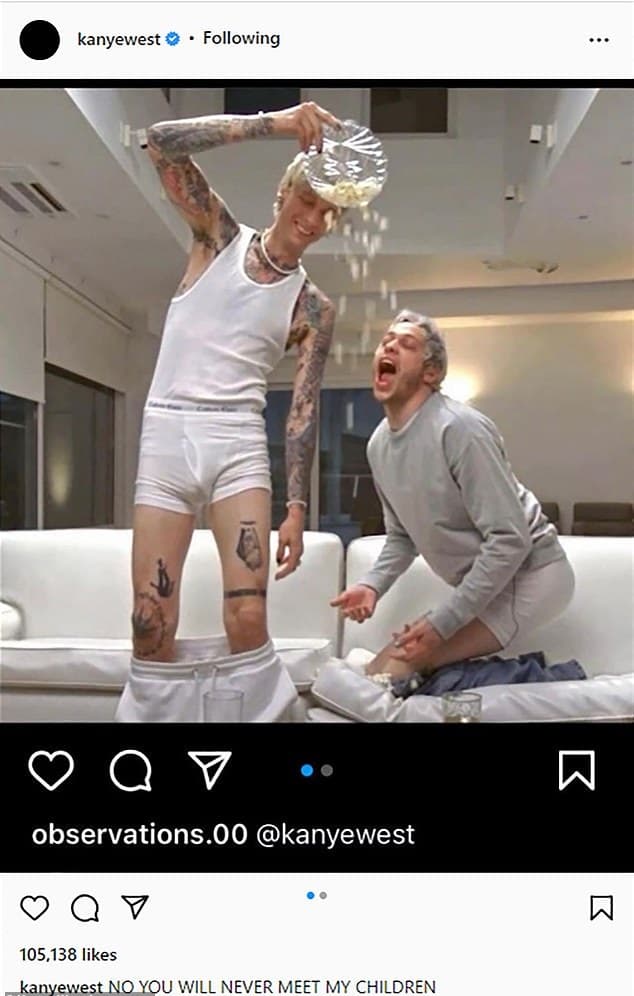 El rapero, quien sufre de trastorno bipolar, compartió una instantánea de Pete Davidson sin pantalones con su amigo Machine Gun Kelly. 
<br>