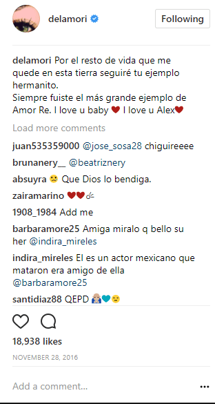 La imagen publicada por la uruguaya estuvo acompañada por el siguiente mensaje: "Por el resto de mi vida que me quede en esta tierra seguiré tu ejemplo, hermanito. Siempre fuiste el más grande ejemplo de amor, Re. I love u baby ❤️️ I love u Alex ❤️️".