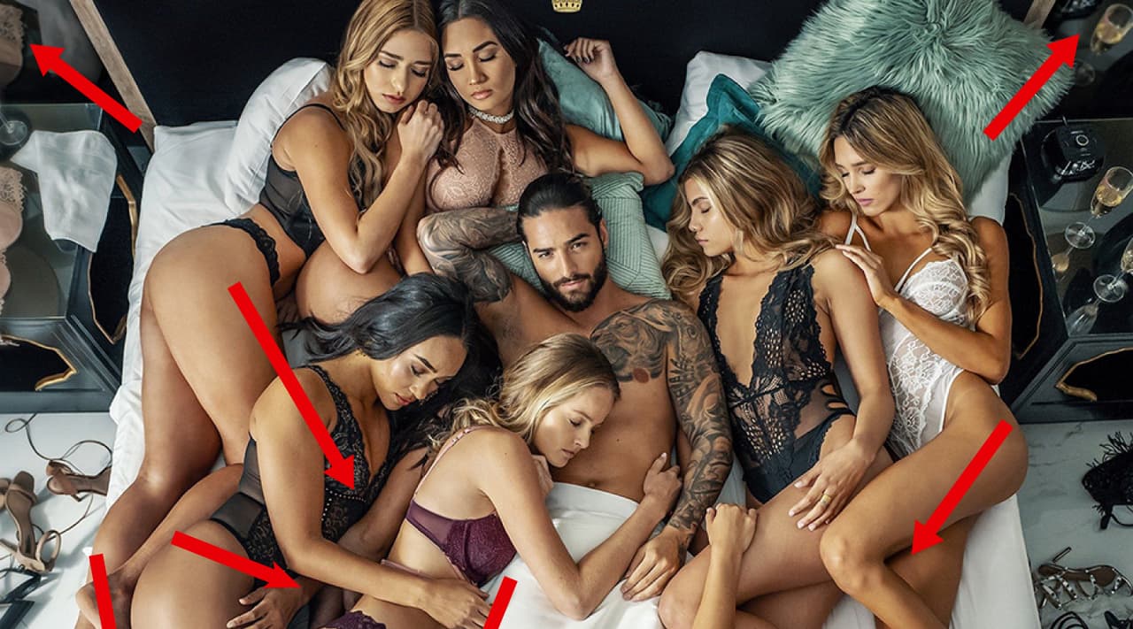 Dos brazos extra, una mano perdida y otros misterios de esta imagen de Maluma con 7 mujeres en la cama