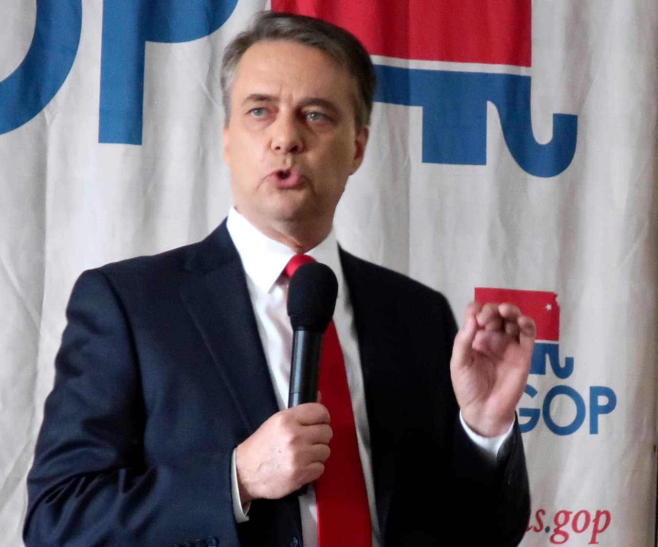 FILE - In this June 23, 2018 file photo, Kansas Gov. Jeff Colyer speaks during a Republican gubernatorial primary debate, in Salina, Kan. The National Rifle Association has endorsed Gov. Colyer in his Republican primary race against a field that includes Secretary of State Kris Kobach. But Kobach touted his own endorsement Monday, July 16, 2018, by Gun Owners of America. The group describes itself as a "no-compromise" gun-rights organization. (AP Photo/John Hanna, File)
