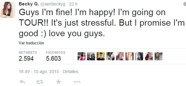 Sus fans incluso se preocuparon por su estado de salud y ella respondió: "Chicos, estoy bien, estoy feliz, ¡me voy de tour! Sólo que es un poco estresante, pero les prometo que estoy bien. Los amo".