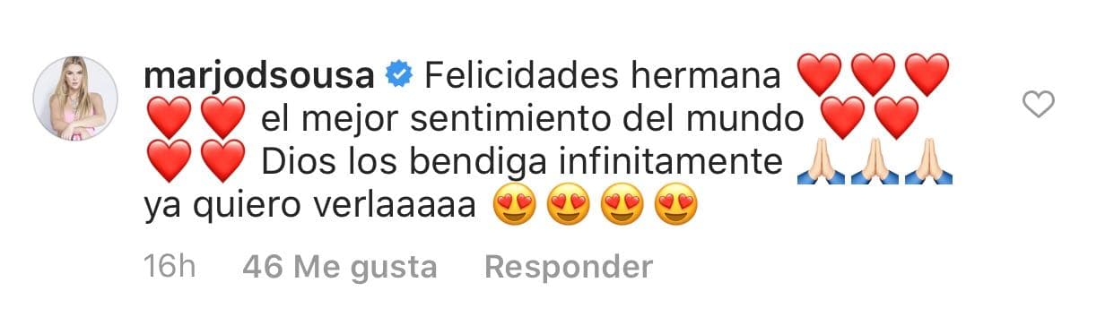Las reacciones a la publicación no se hicieron esperar. Como la de 
<b><a href="https://www.univision.com/temas/marjorie-de-sousa">Marjorie de Sousa</a></b>, quien escribió: "Felicidades hermana, el mejor sentimiento del mundo. Dios los bendiga infinitamente, ya quierlo verla".