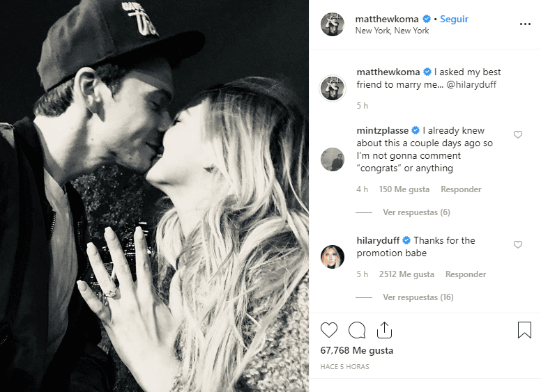 A su vez, Matthew Koma también compartió las mismas fotografías en con la leyenda: "Le pedí a mi mejor amiga que se casara conmigo".
