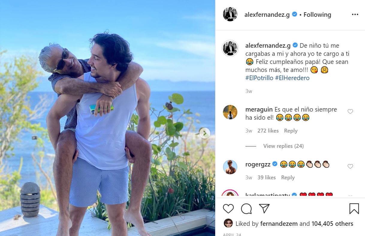 Por ejemplo, lo hizo el 24 de abril para festejar el 
<b><a href="https://www.univision.com/shows/el-gordo-y-la-flaca/presumiendo-su-musculatura-alejandro-fernandez-celebra-su-cumpleanos-numero-49-video" target="_blank">cumpleaños 49 </a></b>de su famoso padre. 
<br>