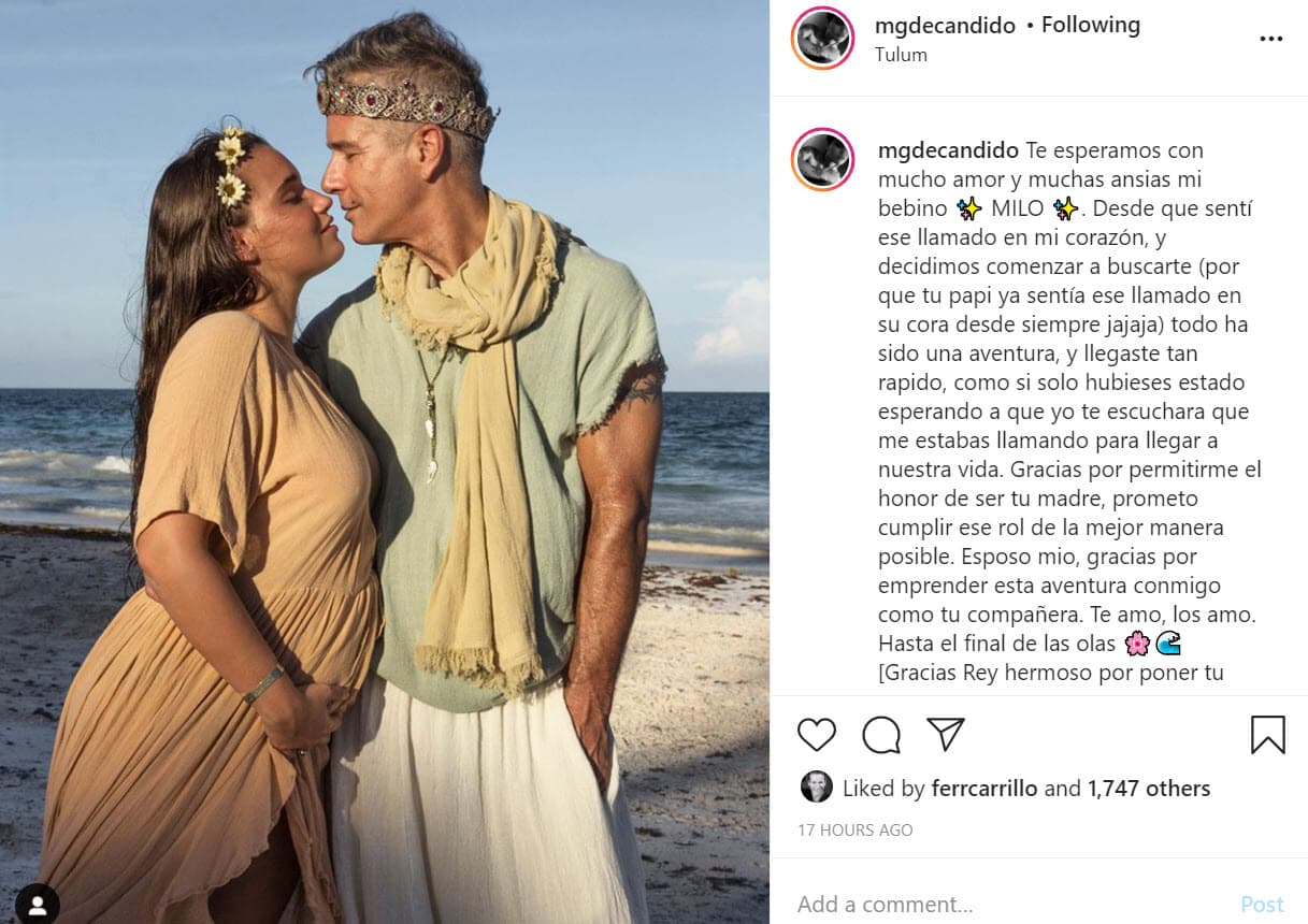 "Te esperamos con mucho amor y muchas ansias 
<b><a href="https://www.instagram.com/p/CFdXq0AnwPg/" target="_blank">mi 'bebino' Milo</a></b>. Desde que sentí ese llamado en mi corazón, y decidimos comenzar a buscarte (porque tu papi ya sentía ese llamado en su corazón desde siempre ja ja ja) todo ha sido una aventura, y llegaste tan rápido, como si solo hubieses estado esperando a que yo te escuchara que me estabas llamando para llegar a nuestra vida”, escribió la pintora.
<br>