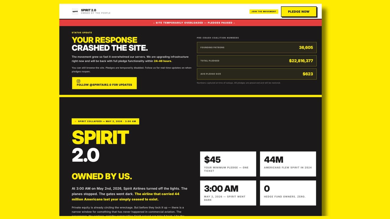 Así luce la página que busca que miles prometan dinero para comprar Spirit Airlines.