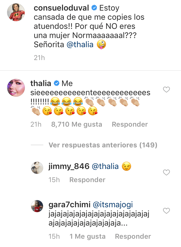 Thalía no se hizo mucho del rogar y respondió a la intérprete de Federica P. Luche con su ya clásico: "¿Me sienteeeees?", junto a divertidos emojis.