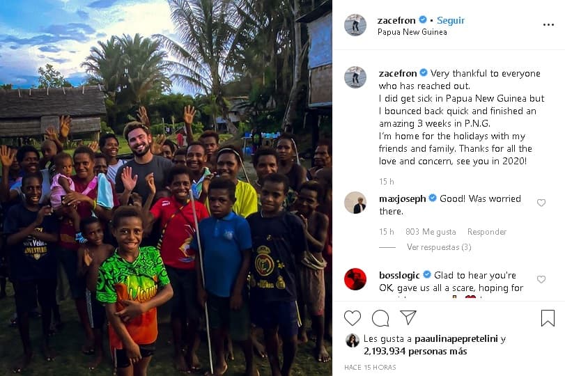 "
<b>Me enfermé en Papúa Nueva Guinea</b>, pero me recuperé rápidamente y terminé unas increíbles 3 semanas en P.N.G (Papúa Nueva Guinea)", 
<b><a href="https://www.instagram.com/p/B6rOIUUF36r/" target="_blank">escribió</a></b>, "estoy en casa para las fiestas con mis amigos y familiares ¡Gracias por todo el amor y la preocupación, nos vemos en 2020!".
<br>