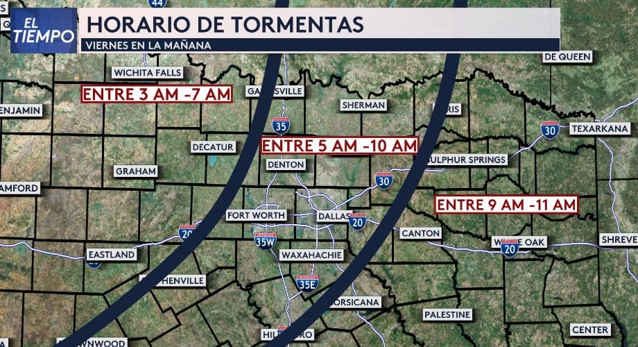 Este es el horario de las tormentas en Dallas - Fort Worth, entre las 3 y 7 am el sistema estará en Wichita Fallas, Decatur, Graham y Eastland.