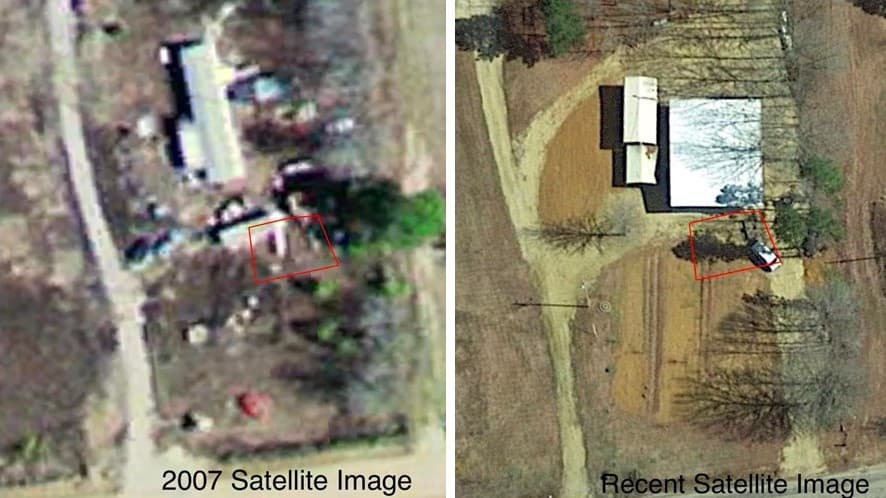 Imágenes satelitales que compararon la propiedad donde encontraron un cadáver.