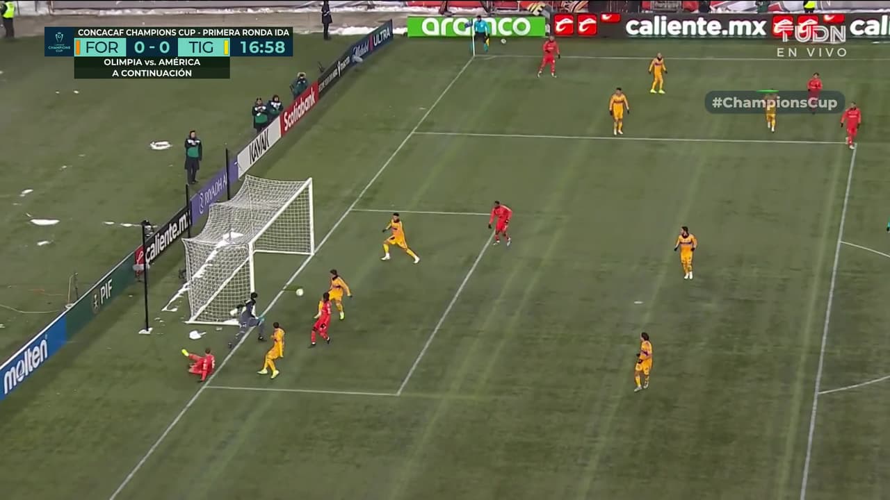¡Se salva Tigres! Paton El balón pasa frente a la línea de gol y no entró