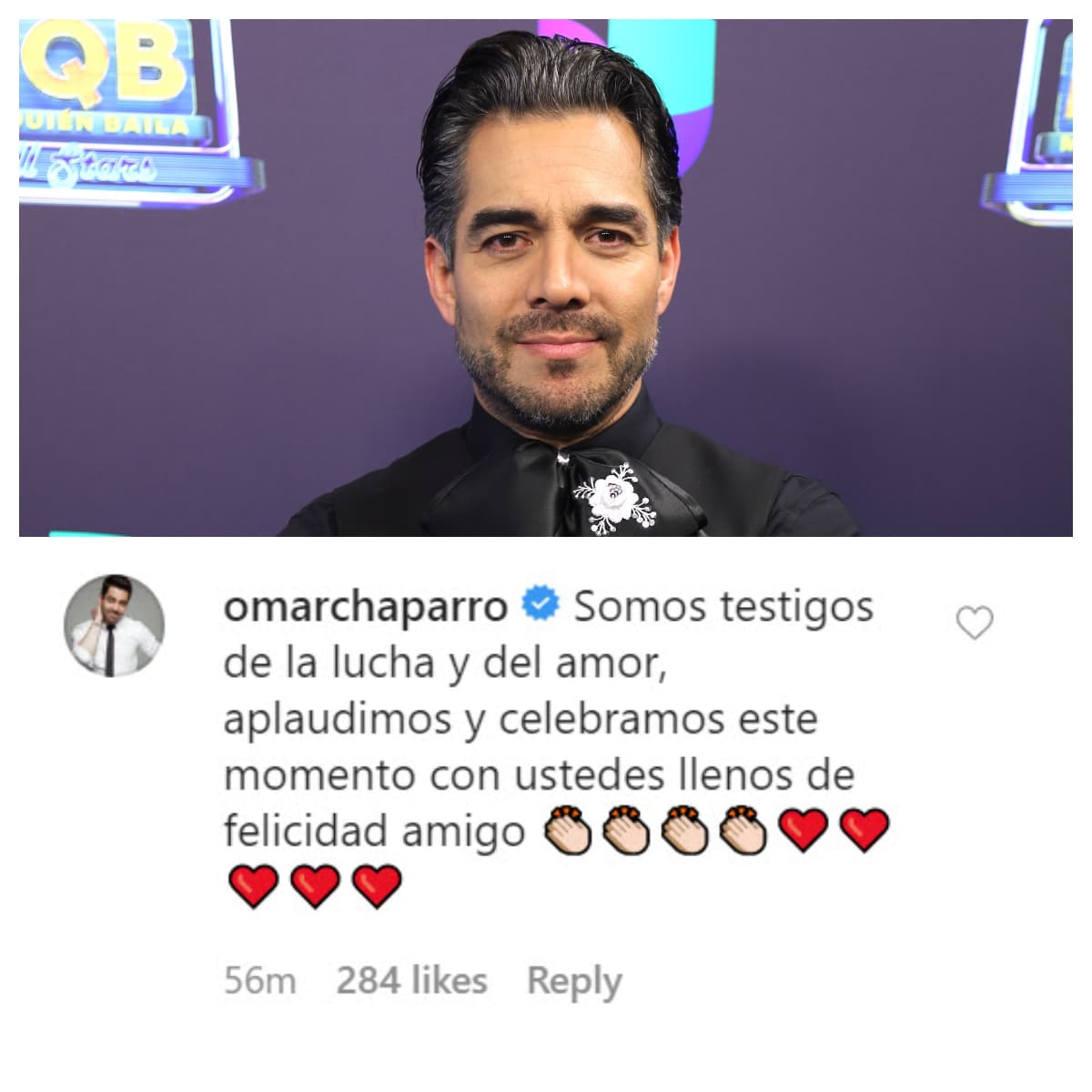 Uno de los amigos más cercanos de Adrián Uribe,
<b><a href="https://www.univision.com/famosos/omar-chaparro-recibe-a-ale-espinoza-en-el-bano-de-su-casa-para-una-entrevista-y-esta-es-la-excusa-video" target="_blank">Omar Chaparro</a></b>, le dejó un cariñoso mensaje: "Somos testigos de la lucha y del amor, aplaudimos y celebramos este momento con ustedes llenos de felicidad, amigo".
<br>