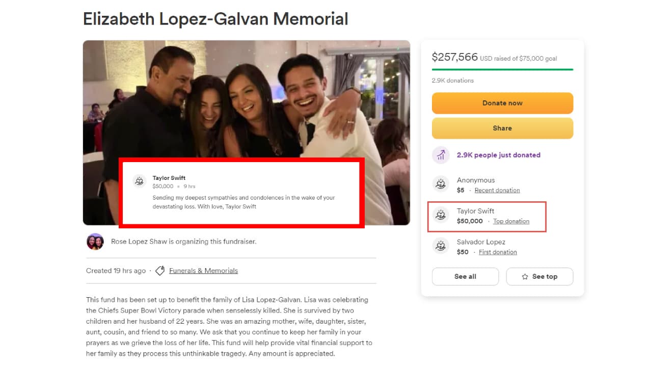 Taylor Swift dona 100 mil dólares a la familia de la mujer mexicana que murió en el tiroteo de Kansas.