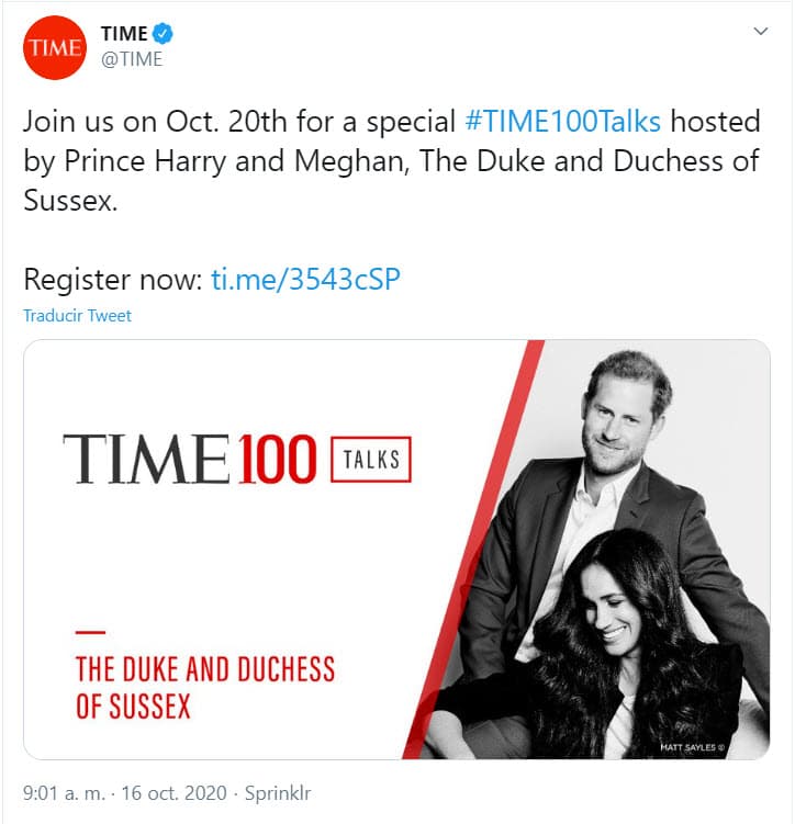 Se trata de
<b><a href="https://twitter.com/TIME/status/1317103455597694977" target="_blank"> esta foto</a></b> que desde el viernes 16 de otubre circula a través de las cuentas de redes sociales de la revista para promocionar un episodio de la serie 
<b><a href="https://time100talksoctober20.splashthat.com/twitter?linkId=102150234" target="_blank">Time Talks</a></b> en el que la pareja está invitada.