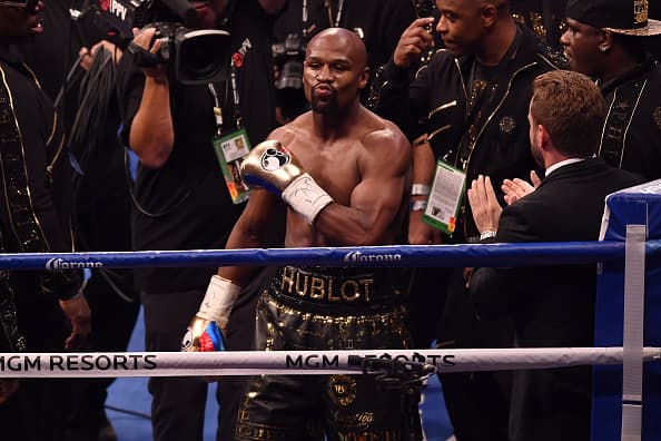LAS VEGAS, NV - AUGUST 26: Floyd Mayweather Jr. is introduced prior to facing Conor McGregor in their super welterweight boxing match at T-Mobile Arena on August 26, 2017 in Las Vegas, Nevada. Mayweather won by 10th-round TKO. (Photo by Jeff Bottari/Zuffa LLC/Zuffa LLC via Getty Images)