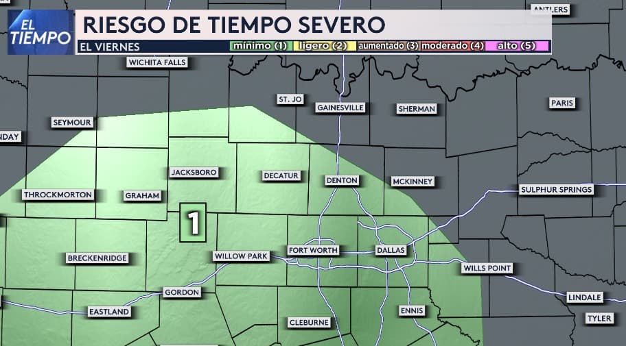 El viernes, 
<b>el riesgo de tormentas y tiempo severo se extenderá al Metroplex</b>, aunque se mantendrá en el nivel mínimo, 1 en una escala de 5, según el pronóstico.