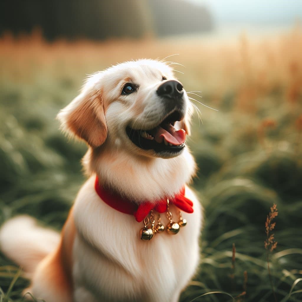 Perro con listón rojo