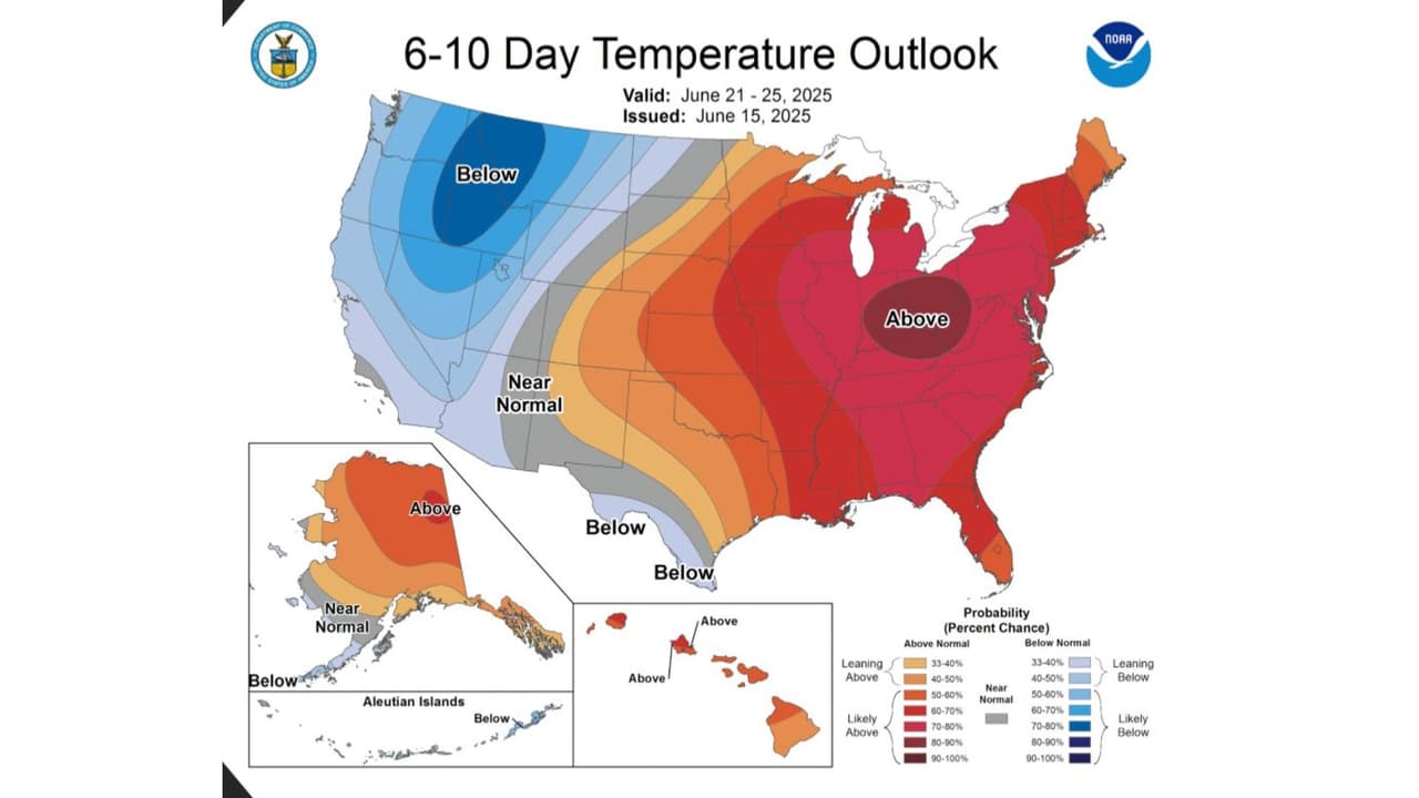 Región de EEUU que tendrá temperaturas por encima de lo normal del 21 al 25 de junio.
