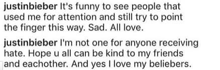 Terminamos este recuento con los mensajes que Justin Bieber escribió en sus redes sociales a unas semanas de terminar con la tórrida historia de amor que protagonizó con Selena Gómez que dio mucho de qué hablar por años.