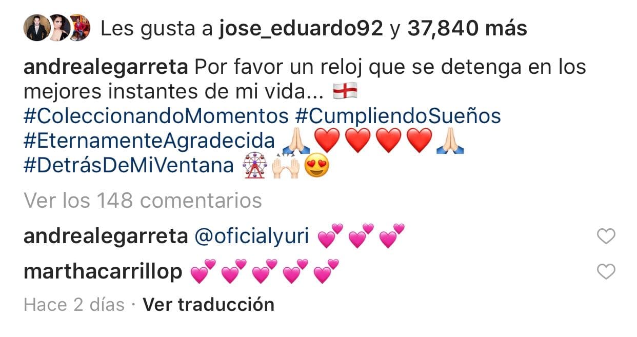 Dicha imagen la acompañó con el texto: "Por favor, un reloj que se detenga en los
<b> mejores instantes de mi vida</b>".