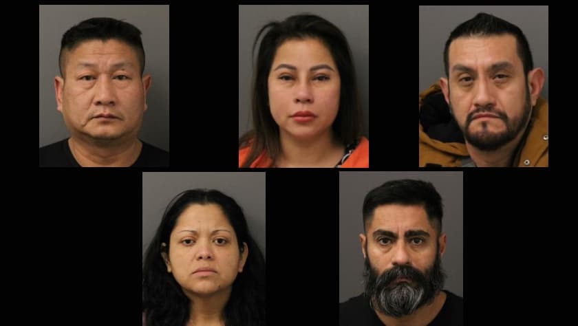 De arriba abajo y de izquierda a derecha, Tre Trinh, Thi Him Huyen Vu, Jesús Navarrete García, Monserrat Monjaras y Hiram Amaury Martínez Rodríguez, todos detenidos por la policía regional de York, Canadá.