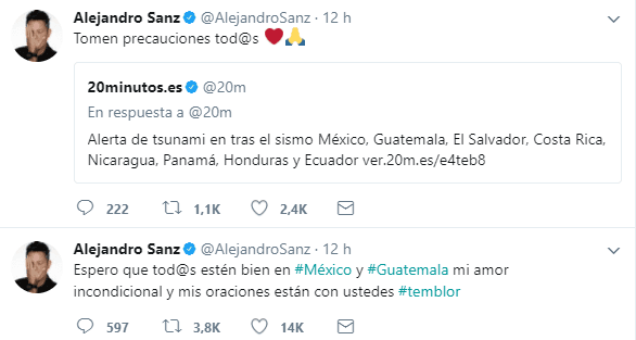 A través de su cuenta de Twitter, el cantautor español envió amor incondicional, así como sus oraciones a México y Guatemala ante el sismo del 7 de septiembre.