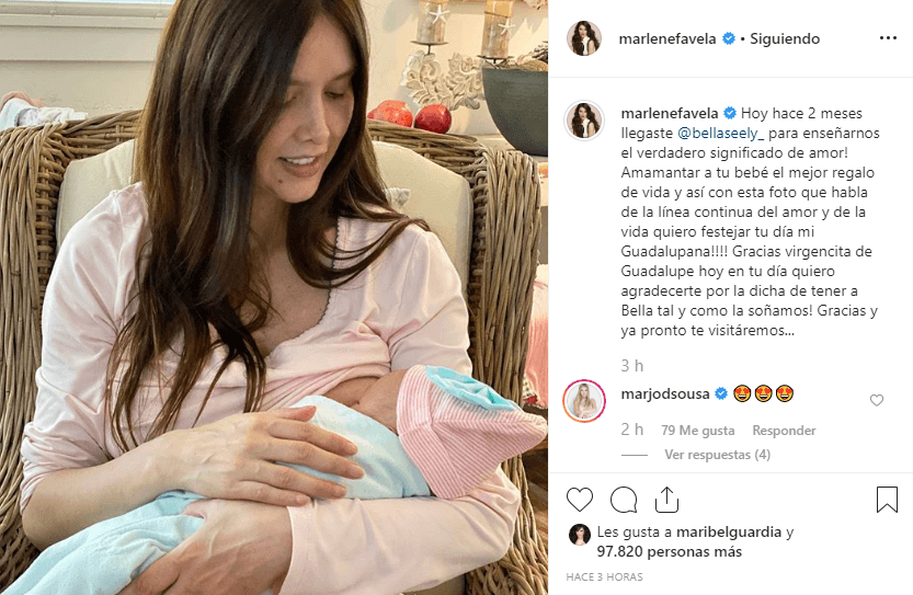 La actriz mexicana se muestra sentada amamantando a su pequeña de dos meses y acompañó la imagen con un emotivo mensaje.