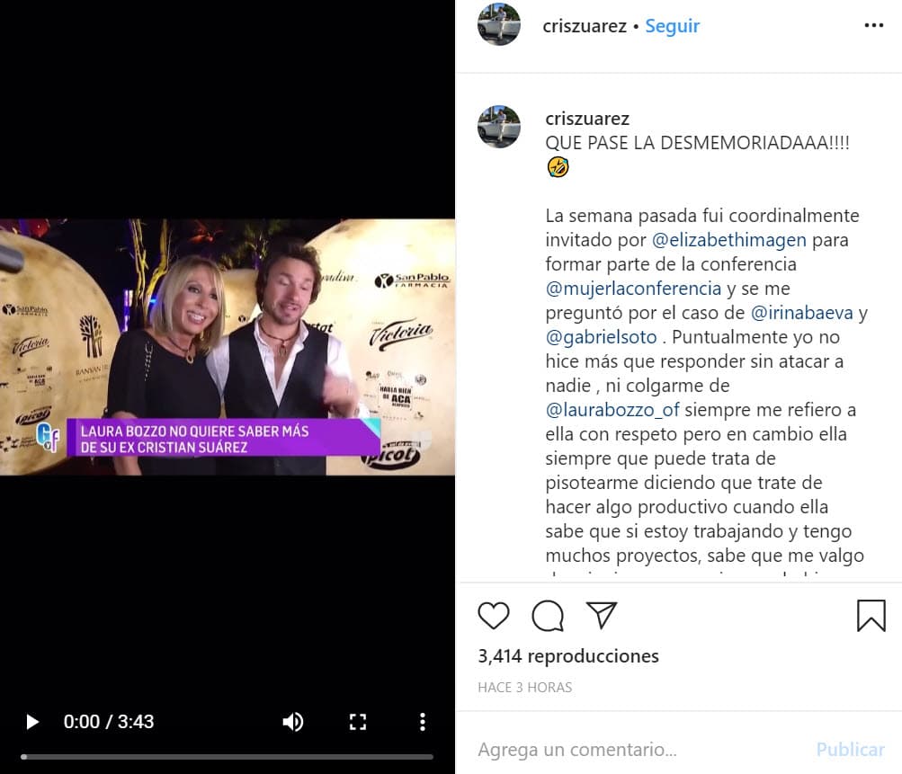 Por esas fechas, Zuárez escribió en Instagram que se avergonzaba de haber estado con Bozzo: "Siento vergüenza de haber perdido 17 años de mi vida al lado de una persona malagradecida, escuchar de su boca y leer sus publicaciones ofendiéndome, lo único que demuestra es que 
<b><a href="https://www.univision.com/famosos/el-ex-de-laura-bozzo-se-averguenza-de-los-17-anos-que-estuvo-junto-a-la-toxica-conductora-fotos" target="_blank">Laura Bozzo es ¡una persona tóxica! y una irrespetuosa</a></b>", dejó por sentado.
<br>