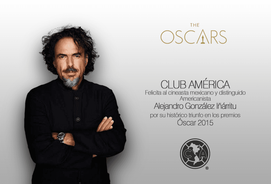 El cineasta 
<b><a href="https://www.univision.com/temas/alejandro-gonzalez-inarritu">Alejandro González Iñárritu</a> </b>fue felicitado por su triunfo en los 
<b>premios Oscar </b>en el 2015 por el propio 
<b>Club América </b>, ellos mencionaron que es un distinguido 
<b>'americanista'</b>.