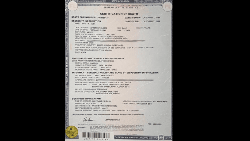 Según consta el 
<b><a href="https://www.univision.com/local/miami-wltv/creman-a-jose-jose-en-fort-lauderdale">acta de defunción</a></b> a la que tuvo acceso Univision, y está fechada el 7 de octubre, la cremación comenzó a las 11:00 am, hora del este, con la llegada del cuerpo del cantante.