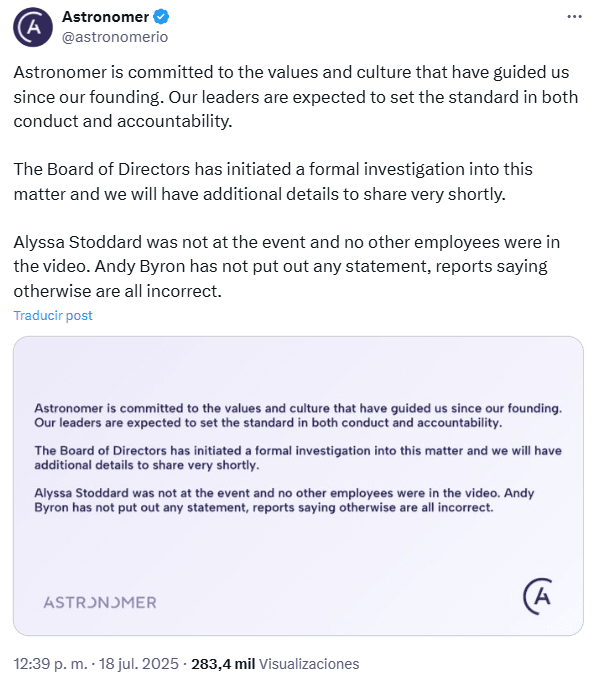 Astronomer emitió un comunicado tras la polémica de su CEO, Andy Byron.