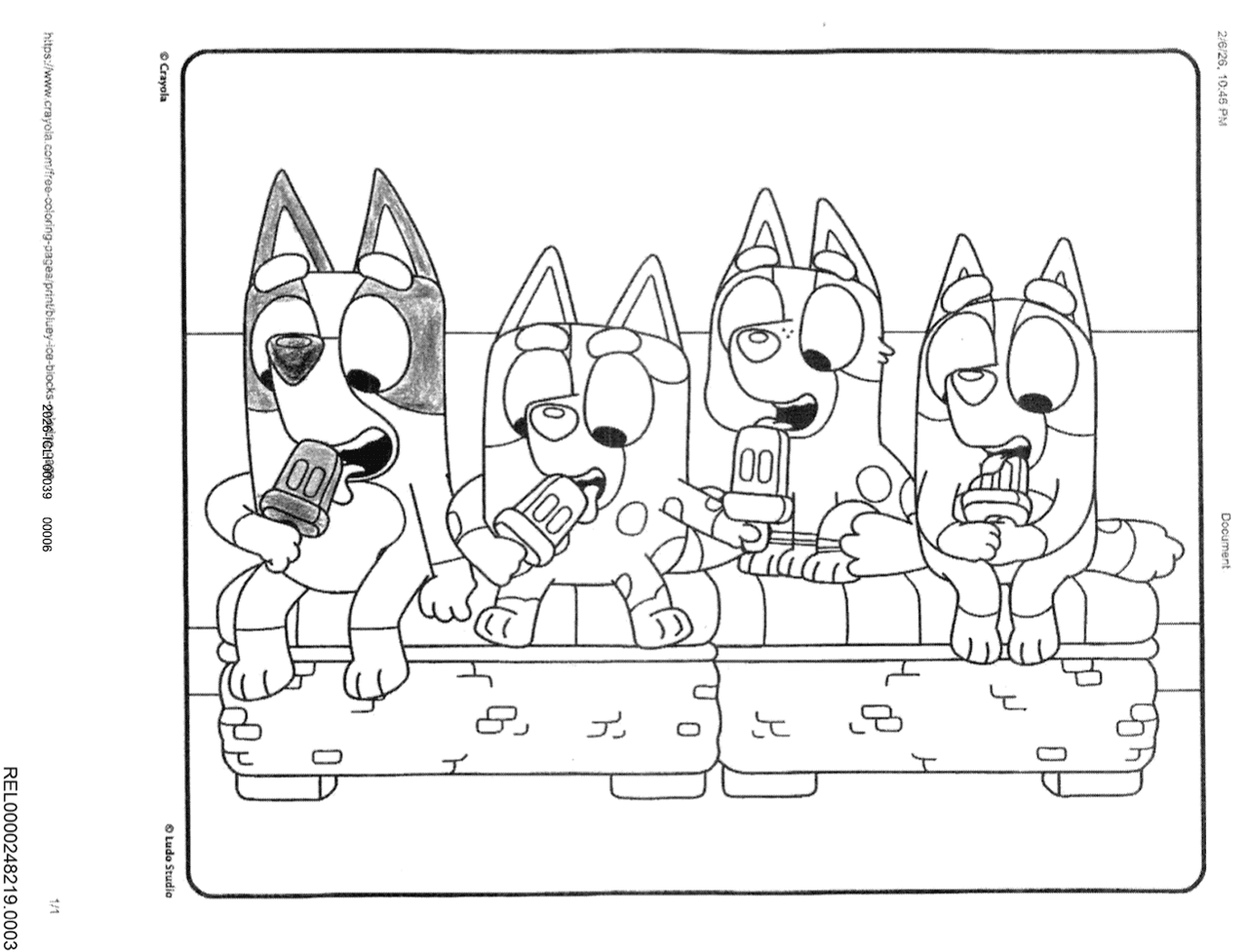 Esta hoja para colorear del personaje Bluey quedó parcialmente pintada. De acuerdo con la información difundida por ProPublica, el material fue retirado a los menores tras la publicación del reportaje sobre los dibujos realizados.
