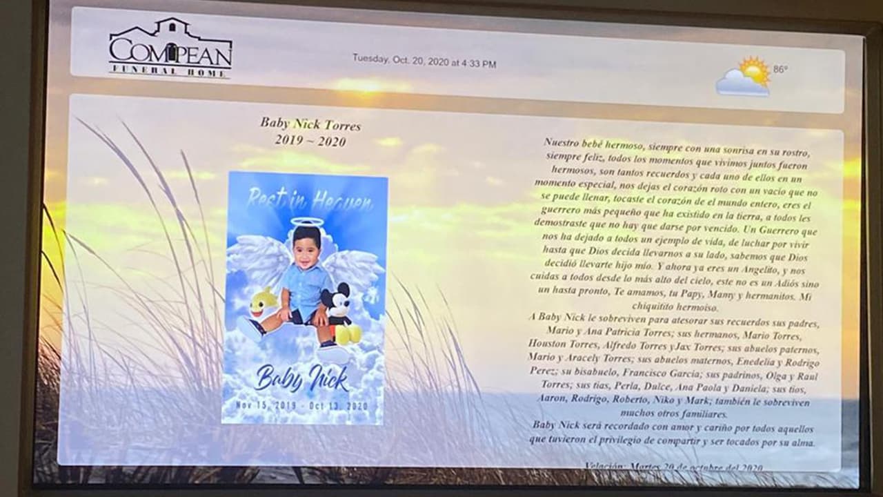 El niño pasó 20 días internado con 
<b><a href="https://www.univision.com/local/houston-kxln/este-lunes-vence-el-plazo-para-que-la-familia-del-bebe-nick-busque-la-manera-de-llevarselo-a-casa">diagnostico de muerte cerebral</a></b> en un hospital de Houston.
