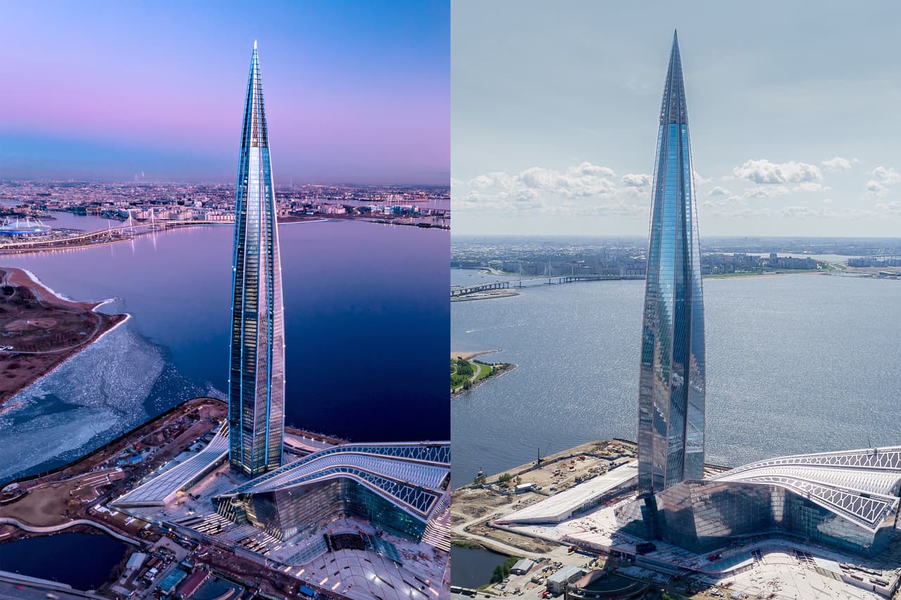 Lakhta Center tiene una forma inusual e impresionante: su estructura exterior consta de cinco alas que giran casi 90 grados, creando una impresión dinámica y dando al edificio la forma de una llama ardiente.